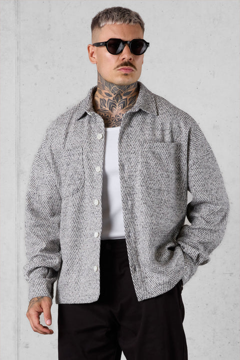 BEIGE HERRINGBONE OVERSIZED FLANNEL SHIRT