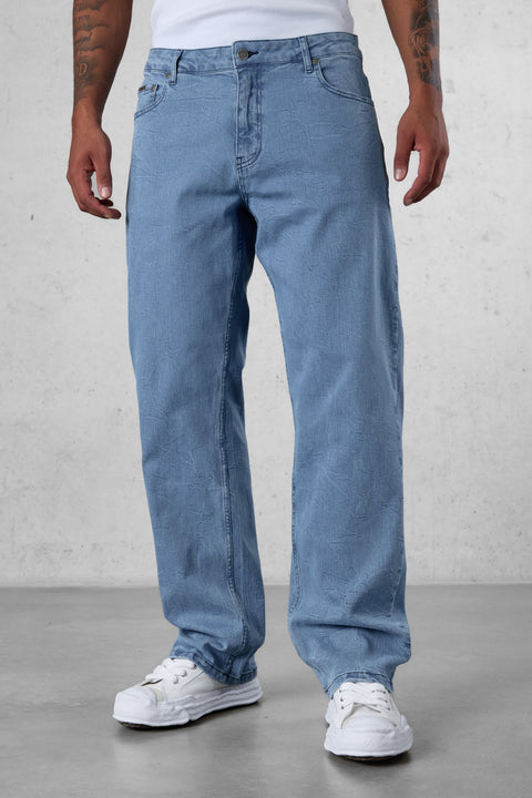WASHED BLUE WRINKLED STRAIGHT JEANS